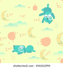 Seamless pattern with a simple image of a cute sleeping puppy, clouds, a sleeping month. Vector image of a sleeping dog with Doodle elements
