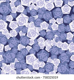 Seamless pattern. Simple images of skulls with bones on pentagons chaotically scattered. Fashionable five-color camouflage.