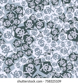 Seamless pattern. Simple images of skulls with bones on pentagons chaotically scattered. Fashionable five-color camouflage.