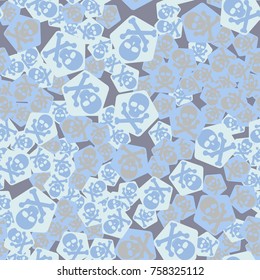 Seamless pattern. Simple images of skulls with bones on pentagons chaotically scattered. Fashionable five-color camouflage.
