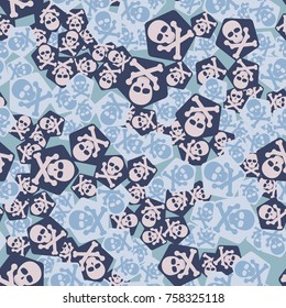 Seamless pattern. Simple images of skulls with bones on pentagons chaotically scattered. Fashionable five-color camouflage.