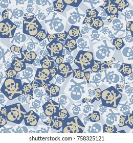 Seamless pattern. Simple images of skulls with bones on pentagons chaotically scattered. Fashionable five-color camouflage.