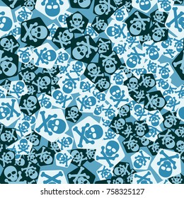 Seamless pattern. Simple images of skulls with bones on pentagons chaotically scattered. Fashionable five-color camouflage.