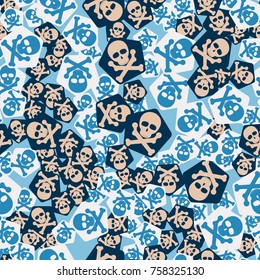 Seamless pattern. Simple images of skulls with bones on pentagons chaotically scattered. Fashionable five-color camouflage.