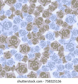 Seamless pattern. Simple images of skulls with bones on pentagons chaotically scattered. Fashionable five-color camouflage.