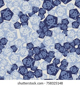 Seamless pattern. Simple images of skulls with bones on pentagons chaotically scattered. Fashionable five-color camouflage.