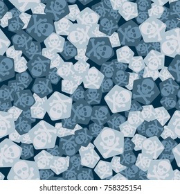 Seamless pattern. Simple images of skulls with bones on pentagons chaotically scattered. Fashionable five-color camouflage.