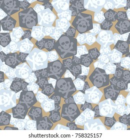 Seamless pattern. Simple images of skulls with bones on pentagons chaotically scattered. Fashionable five-color camouflage.