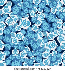 Seamless pattern. Simple images of skulls with bones on pentagons chaotically scattered. Fashionable five-color camouflage.