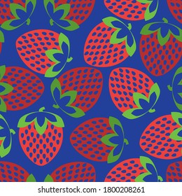 Seamless pattern, with simple images of strawberries. Contour image of strawberry berries on a blue background.