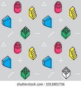 Seamless pattern with simple isometric forms. Memphis design. The '80s and '90s fashion style. Abstract background. Modern wallpaper. Vector illustration. 