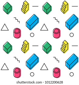 Seamless pattern with simple isometric forms. Memphis design. The '80s and '90s fashion style. Abstract background. Modern wallpaper. Vector illustration. 