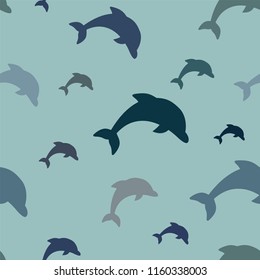 Seamless pattern - simple jumping dolphins in various shades of blue on aqua background.