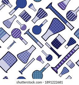 Seamless pattern of simple lab tools with contour lines. Scientific backdrop with flask, colba, Erlenmeyer and cylinder. Blue Monochrome cartoon background or backdrop