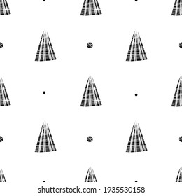 Seamless pattern of simple lagom fir cones with hatching and dots. Hand drawn Christmas trees. Vector ink texture for fabrics, wrapping paper and your creativity