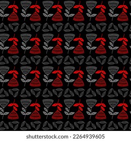 Seamless pattern of simple leaves and flowers