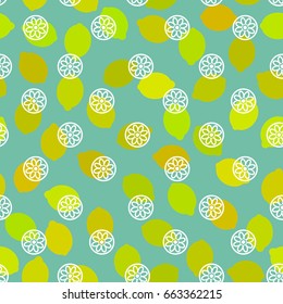 Seamless pattern simple with lemon, lime, yellow orange citrus fruit on an blue background. Vector