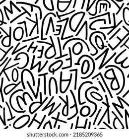 Seamless pattern with simple letters. Hand drawn typography print. Alphabet letters in doodle style vector ornament. Modern pen line lettering. Seamless abstract alphabets pattern on black and white