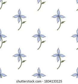 Patrón sin foco con flores lilas simples sobre fondo blanco. Imagen vectorial. 