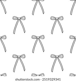 Seamless pattern with simple line art bows. Vector outline background with ribbons in retro style. Coquette and ballet core aesthetic