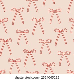 Seamless pattern with simple line art bows. Vector outline background with ribbons in retro style. Coquette and ballet core aesthetic