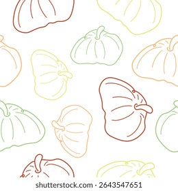 seamless pattern with a simple line art icon with a round pumpkin drawn with several colorful lines without a background, for logos or patterns