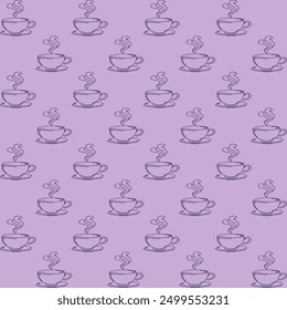 A seamless pattern of simple line drawings of cups with steam on a pastel purple background. Perfect for creating various design projects such as wallpapers, wrapping paper, and stationery.