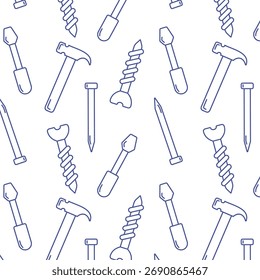 Padrão contínuo com ícones lineares simples de ferramentas de construção: martelo, chave de fenda, pregos e parafusos. Fundo de vetor para impressão, papel, embalagem para o Dia do Construtor e Dia do Trabalho.
