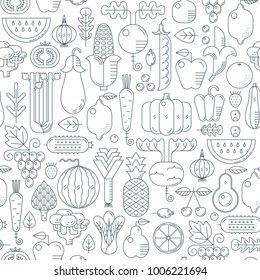 Seamless pattern with simple linear vegetables and fruits.Food pattern.Healthy food, vegetarian, farmers market concept. Decoration for café,restaurant,menu,,market, flayer, banner, package design.