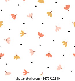 Seamless pattern with simple little flowers in pastel color. Autumn repeatable background. Cute childish print. Vector illustration in Scandinavian decorative style.