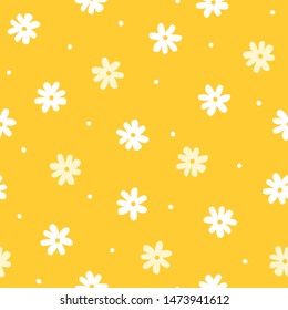 Seamless pattern with simple little flowers in pastel color. Floral repeatable background with chamomile. Cute childish print. Vector illustration in Scandinavian decorative style.