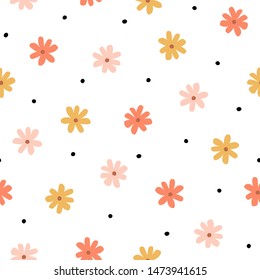 Nahtloses Muster mit einfachen kleinen Blumen in Pastellfarben. floraler, wiederholbarer Hintergrund mit Kamille. Kindischer Druck. Vektorgrafik im skandinavischen Dekorationsstil.