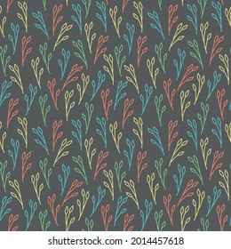 Seamless pattern with simple little flowers. Elements isolated on retro background. Vector illustration with twigs. Perfect for printing on fabric or paper.