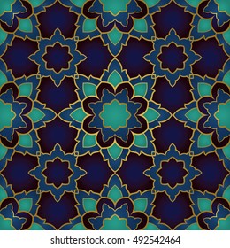 Seamless pattern of simple mandala on a dark blue background. Oriental ornament. Template for carpet, shawl, tile, wallpaper, textile, mosaic.