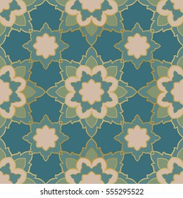 Seamless pattern of simple mandala on a blue background. Oriental turquoise ornament. Template for carpet, shawl, tile, wallpaper, textile, mosaic.