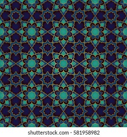 Seamless pattern of simple mandala on a dark blue background. Oriental ornament. Template for carpet, shawl, tile, wallpaper, textile, mosaic.