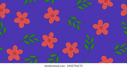 Seamless pattern with simple meadow flowers and branches, red flowers on blue, doodle style vector