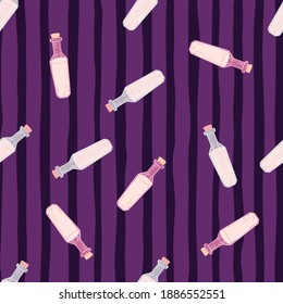 Seamless pattern with simple medicine bottle ornament. Purple striped background. Lab print. Designed for fabric design, textile print, wrapping, cover. Vector illustration