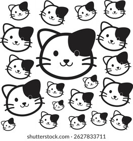 Padrão contínuo de ícones simples e minimalistas da face do gato em uma paleta de duas cores limpa: preto e branco. Perfeito para fundos, embalagem de produtos, têxteis, papéis de parede e outras necessidades de design. Moderno