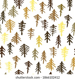 Nahtloses Muster mit einfachen, minimalistischen Weihnachtsbäumen, die verziert sind. Handgezeichnete Doodle-Skizze mit Tinte. Doodle Feiertagstanne zum Verpacken von Papier und Hintergründen. Endlose flache Vektorgrafik