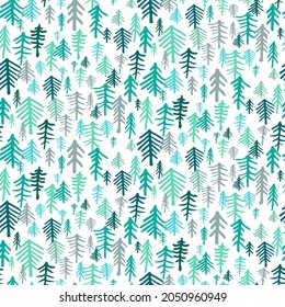 Seamless pattern with simple minimalist christmas trees decorated. Hand drawn doodle sketch drawing with ink. Doodle holiday fir for wrapping paper and backgrounds. Endless flat vector illustration