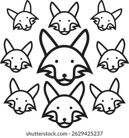 Seamless pattern of simple and minimalist fox face icons in a clean two-color scheme: black and white. Repeating design with a modern, stylish look—perfect for backgrounds, fabrics, packaging.