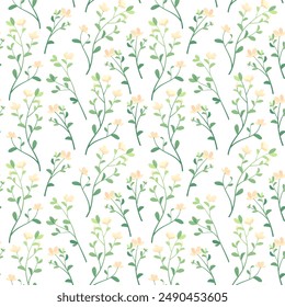 Seamless pattern with simple minimalistic flowers. Vector illustration with gradients. Twigs of plants.