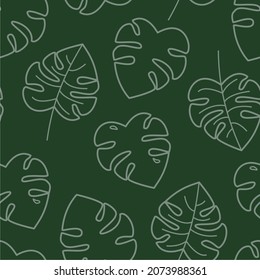 Seamless pattern with simple monstera leaves on green background, vector illustration. Fit for paper, fabric, etc.