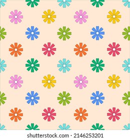 Seamless pattern with simple multicolored colors. Botanical minimalistic. Elements with an outline in retro vintage style. Great for children's and home textiles, Color vector illustrations on beige