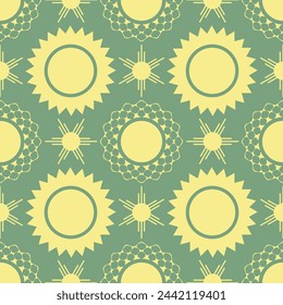 Patrón sin costuras con adorno simple. Objetos de decoración beige sobre fondo gris-verde. Paleta retro. Ilustración de vector