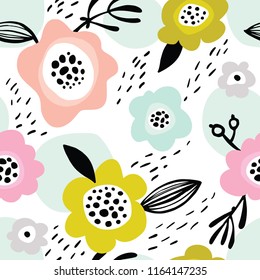 Seamless pattern with simple ornaments of plants and flowers in pastel colors.
