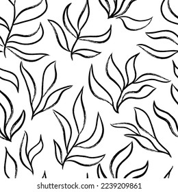 Seamless pattern with simple outline leaves and branches. Hand drawn black brush painted plants. Botanical seamless background. Vector illustration