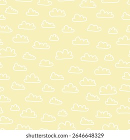 A seamless pattern of simple, outlined clouds on a soft yellow background, ideal for design projects.