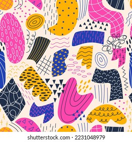 Seamless pattern with simple paper cut abstract shapes. Background with different geometrical elements.  Pieces of childish collage. Vector flat illustration for design of fabric, paper
